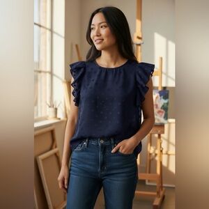 Vineyard Vines Dark Blue Ruffle Sleeve Blouse